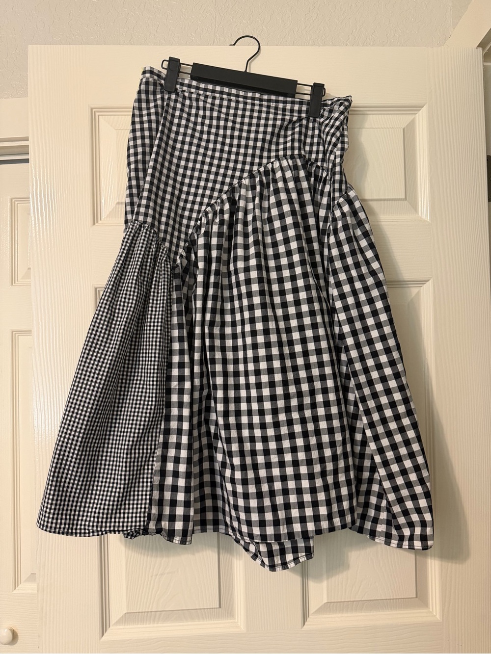 Sandy Liang Black and White Asymmetrical Gingham Midi Skirt